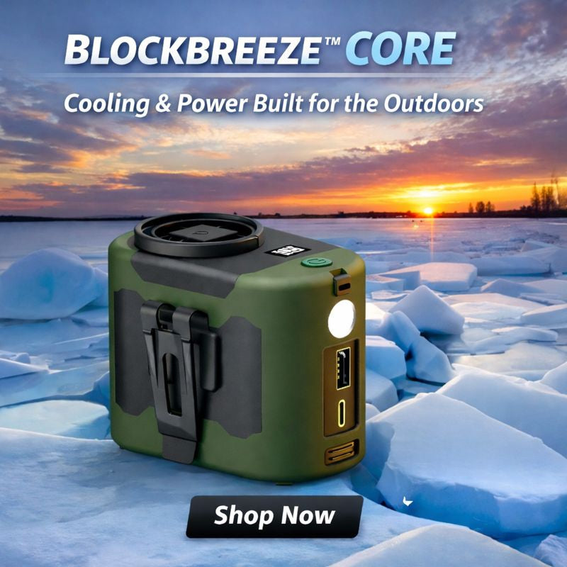 Blockbreeze Core product on ice with sunset background