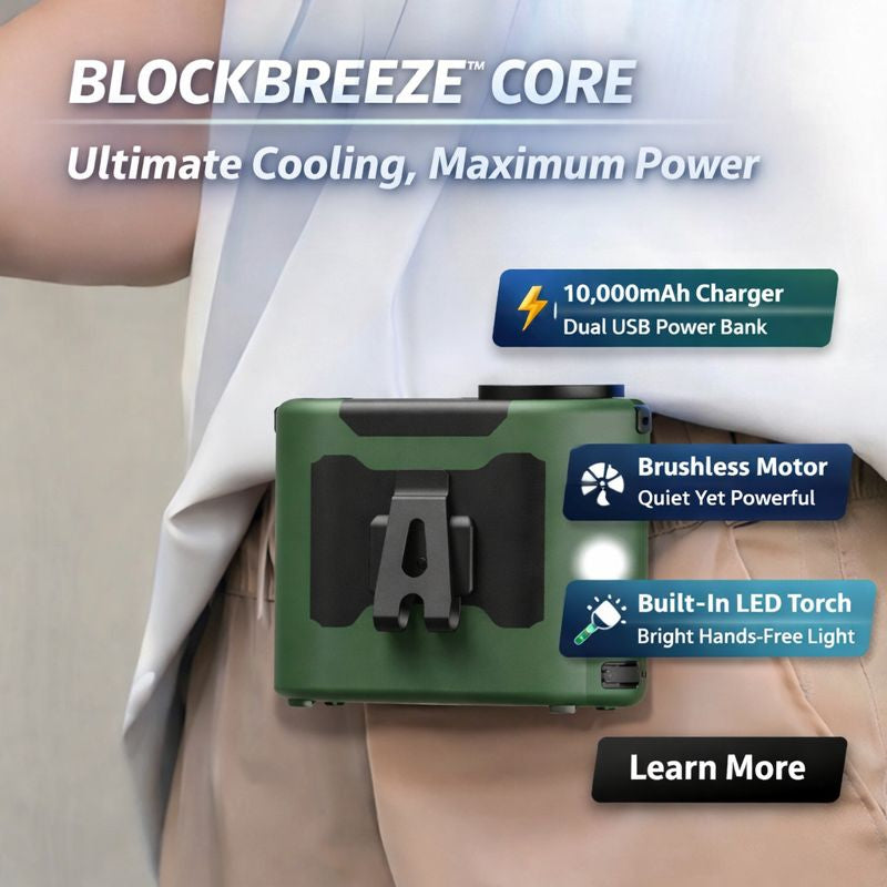 Green BLOCKBREEZE CORE device with features listed on a white background
