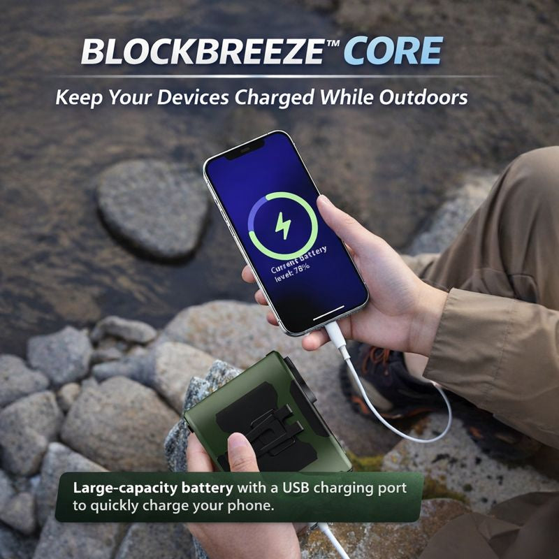 Person using Blockbreeze Core device to charge a phone outdoors.