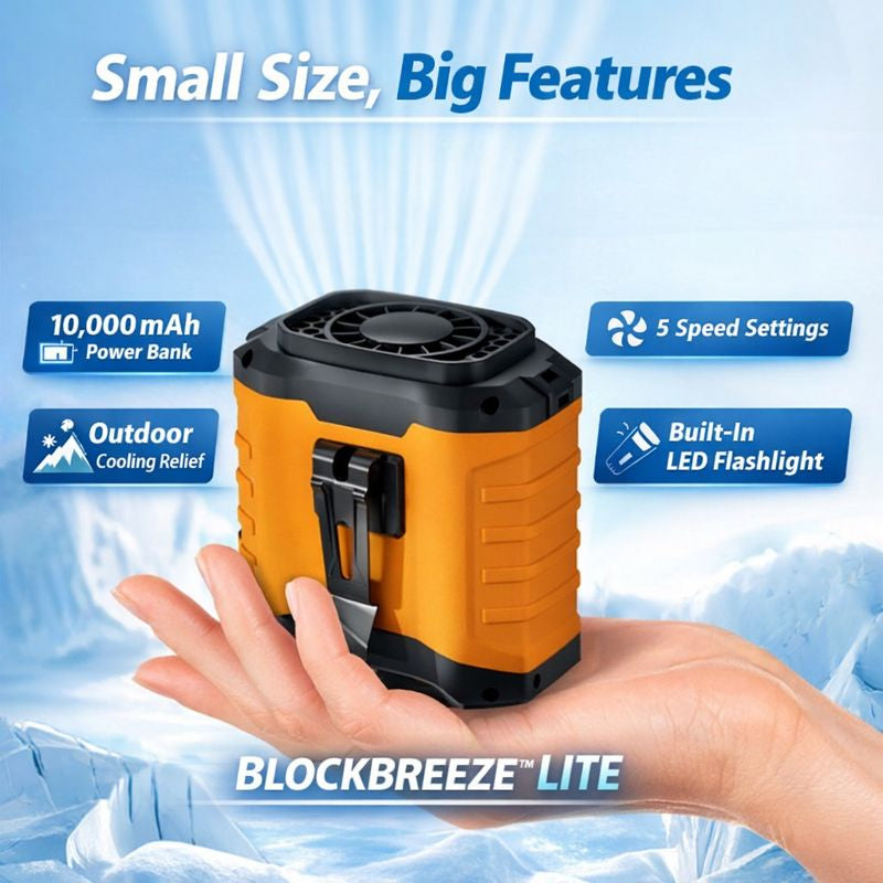 Blockbreeze Lite cooling device held in a hand with features highlighted on a blue background