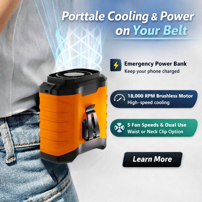 Portable cooling device on a belt with features highlighted