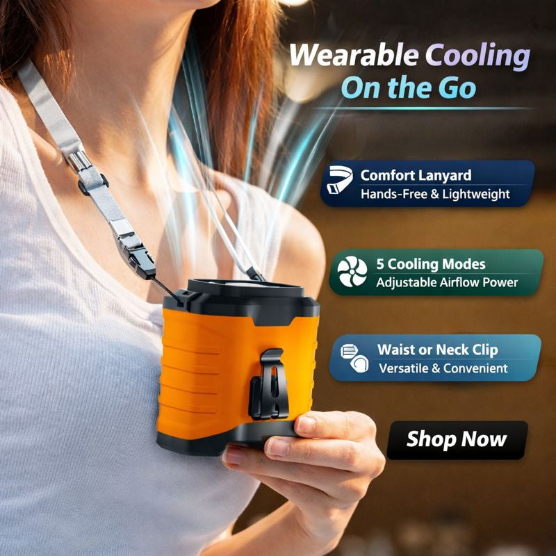 Orange cooling device held by a person with text highlighting features and a 'Shop Now' call to action.