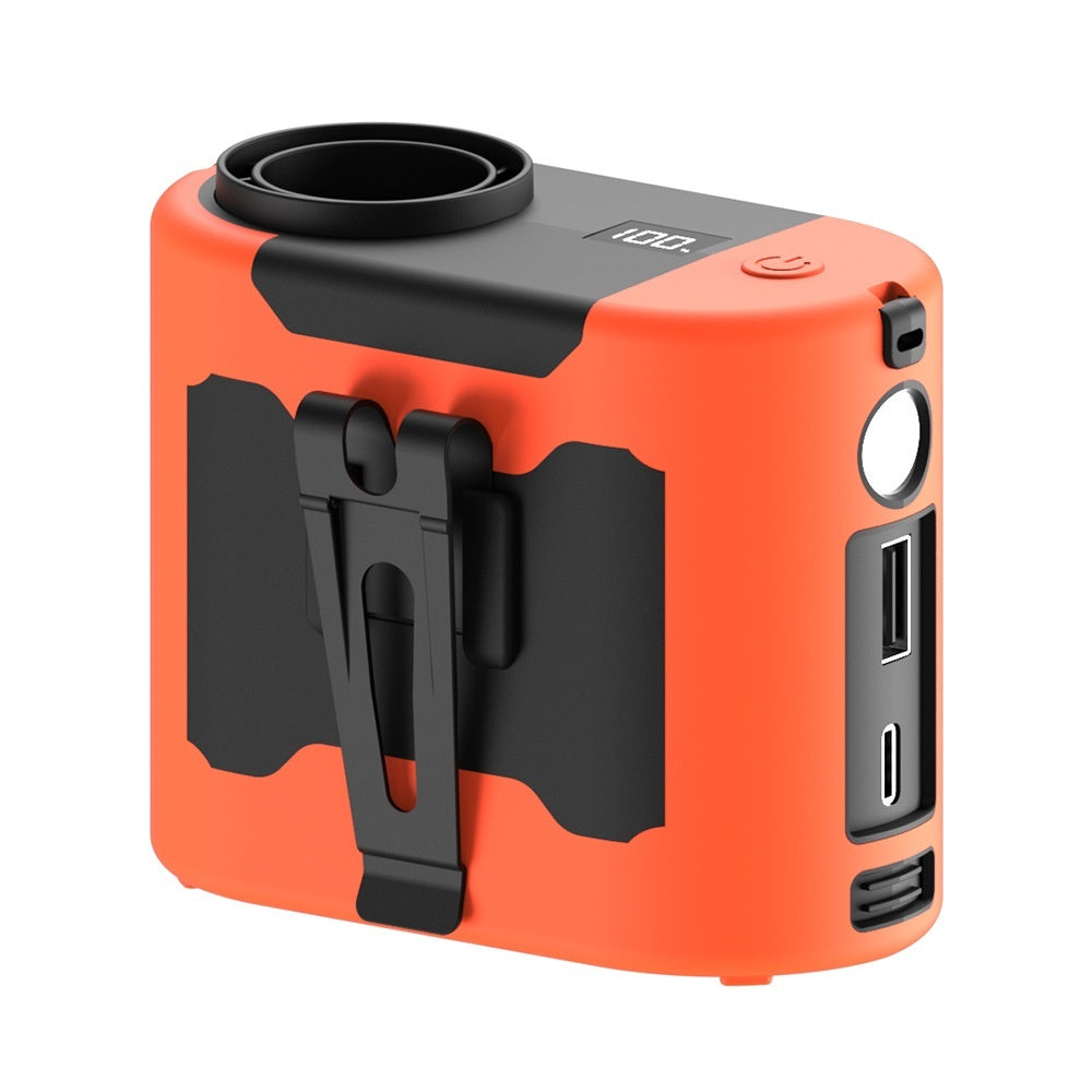 Orange and black electronic device with USB ports on a white background
