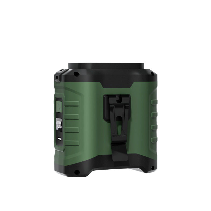 Green and black cylindrical device on a white background